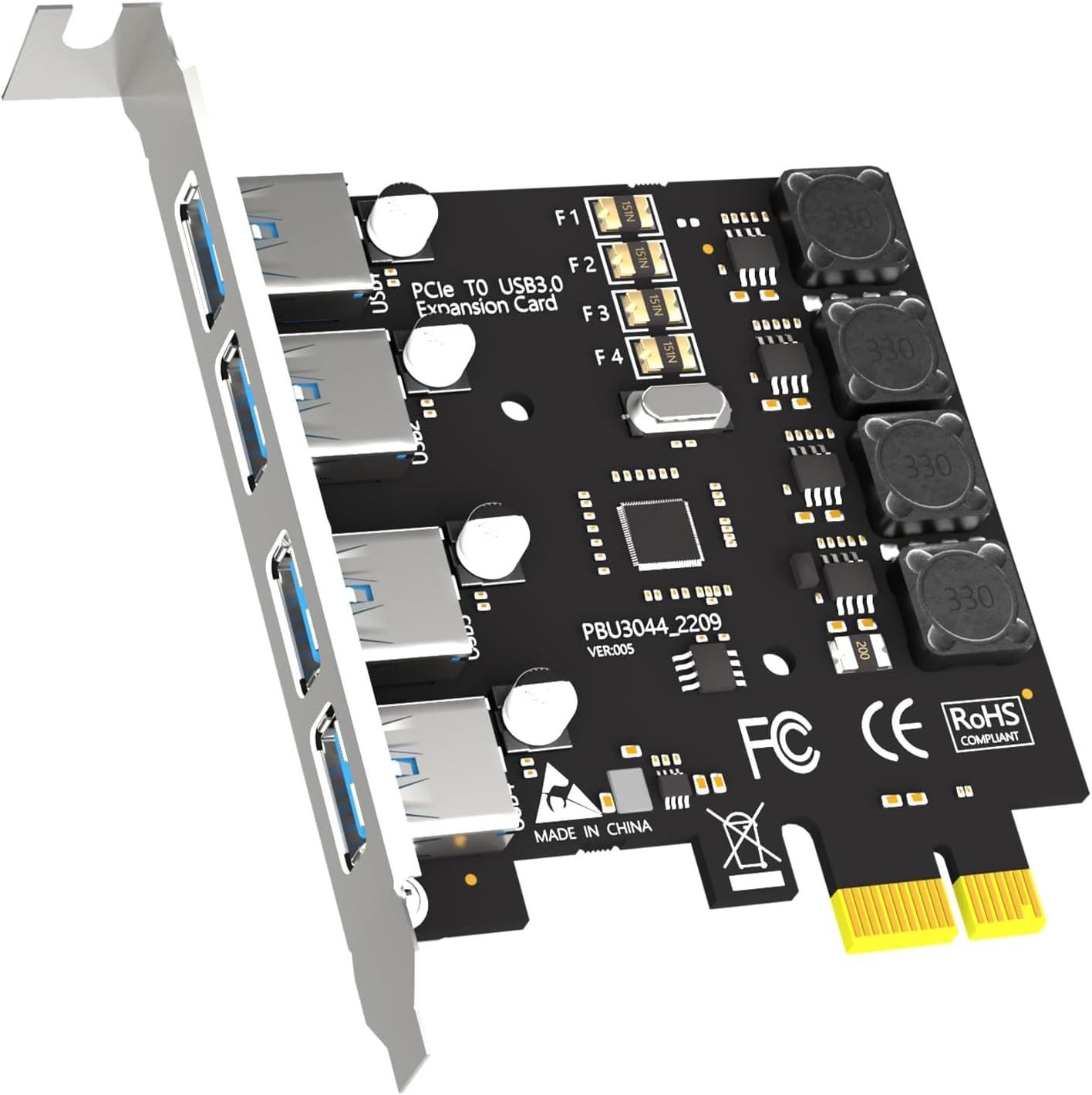 GLOTREND U3044 Tarjeta de expansión PCIe USB A de 4 Puertos (USB 3.2 Gen 1), Compatible con Windows y Linux (no Compatible con Mac OS)