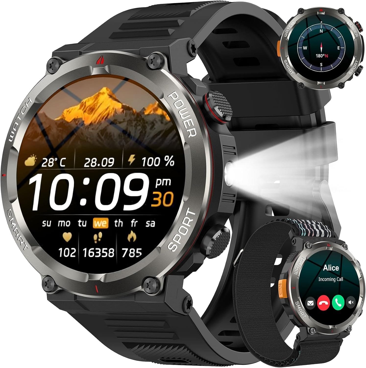 Reloj Inteligente Hombre, Smartwatch Hombre con Linterna, Brújula,2 Correas