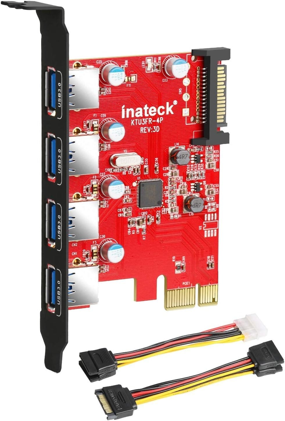 Inateck KTU3FR-4P - Tarjeta de 4 Puertos USB (PCI Express) para PC de Escritorio, 15 Conectores Pin de alimentación SATA, con Cable de 4 Pines para 2x15pin + Y-Cable de 15 a 15 Pin