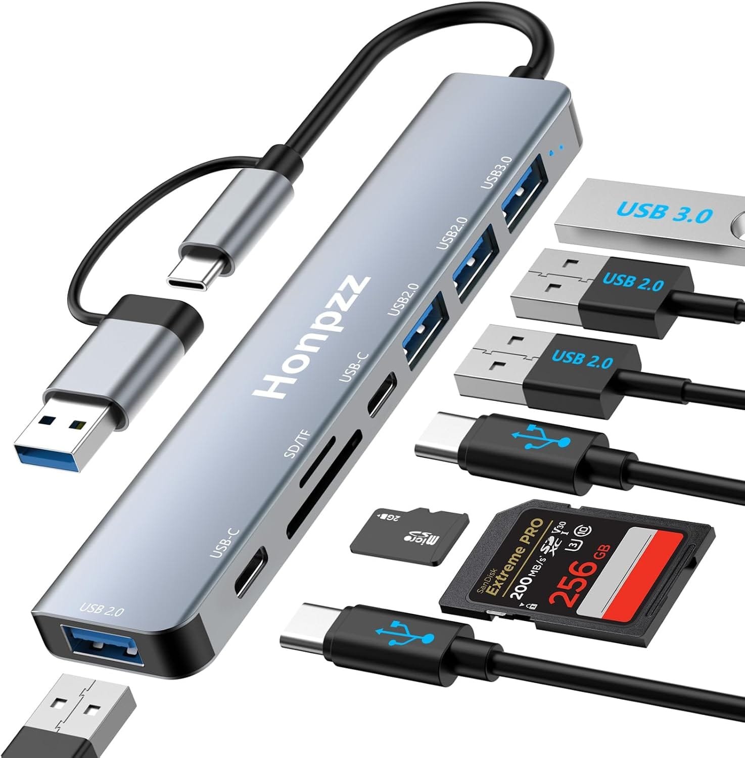 Hub USB 3.0,USB Hub 8 en 1 USB C HUB,HUB con Lector de Tarjetas SD y TF, 1*USB 3.0 5Gbps, 3 *USB 2.0, 2 * USB-C,Adaptador USB,regleta USB Compatible para MacBook,Surface, XPS, PC,