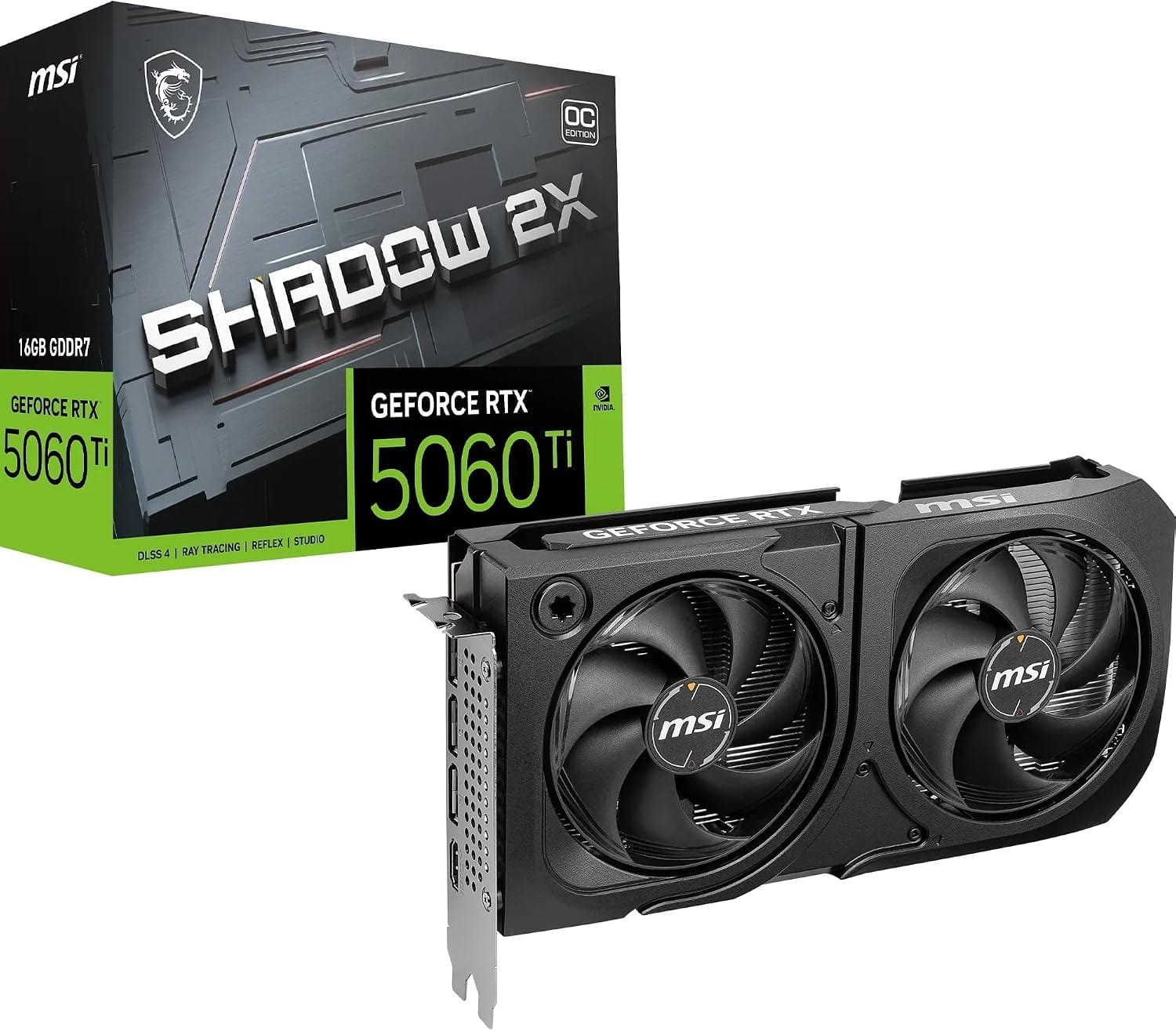 MSI GeForce RTX 5060 Ti 16G Shadow 2X OC Plus - Tarjeta gráfica RTX 5060 Ti, 16GB GDDR7, 28 Gbps/128-bit, PCIe 5.0, Diseño de Doble Ventilador Stormforce Fan, HDMI 2.1b